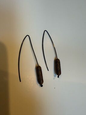 Long Black Wire Earrings with Brown Carved Beads